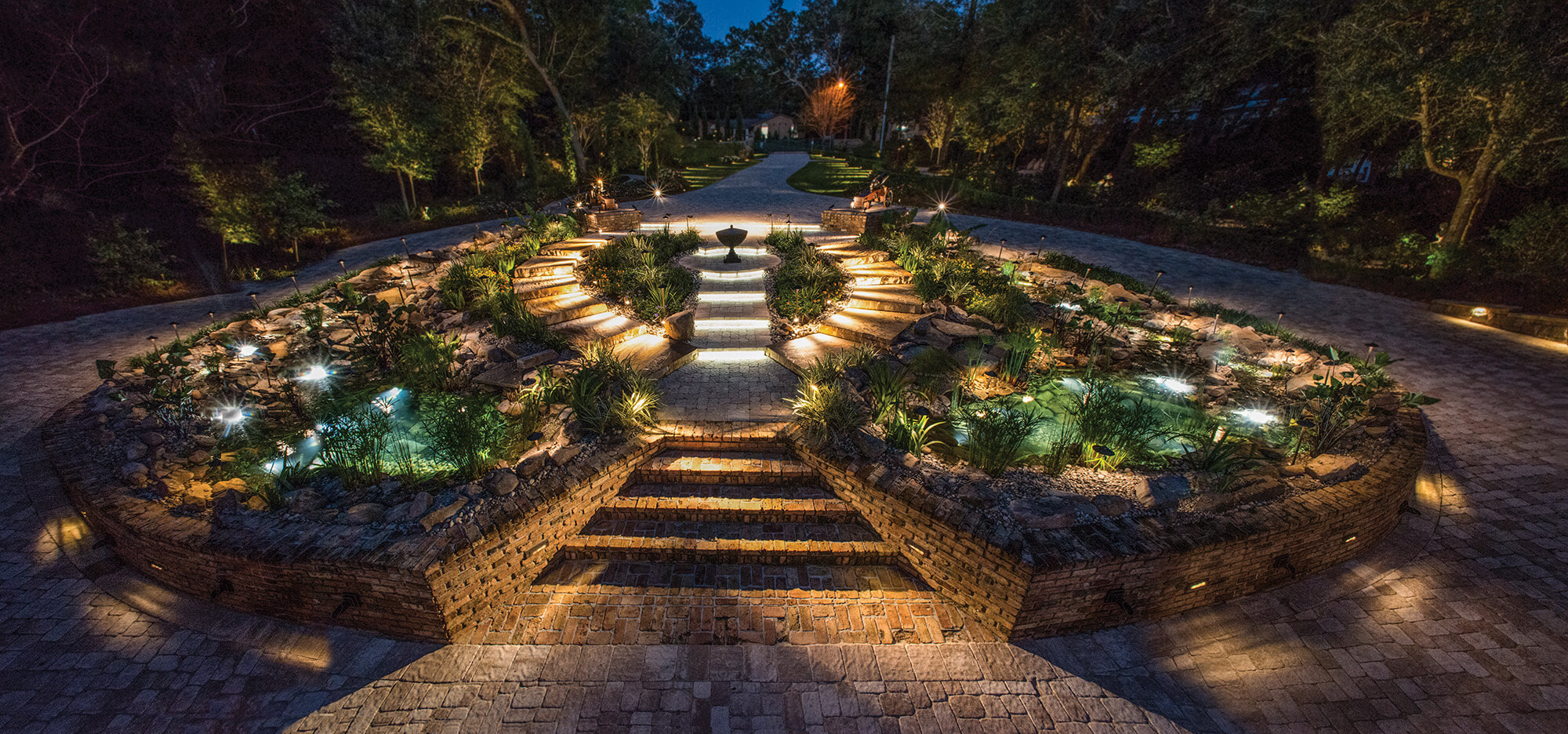 Tanglewood entrance with landscape light and water features